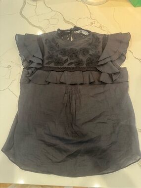 Veronica Beard Black Embroidered Ruffle Sleeve Blouse - Size 0
